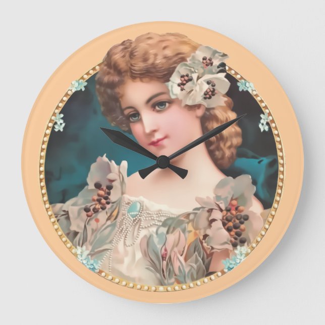 Vintageblommigtkvinna Stor Klocka (Framsida)