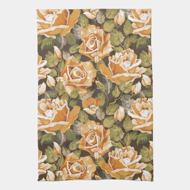 Vintageblommönster av gul ros kökshandduk (Vertikal)