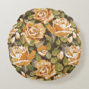 Vintageblommönster av gul ros rund kudde