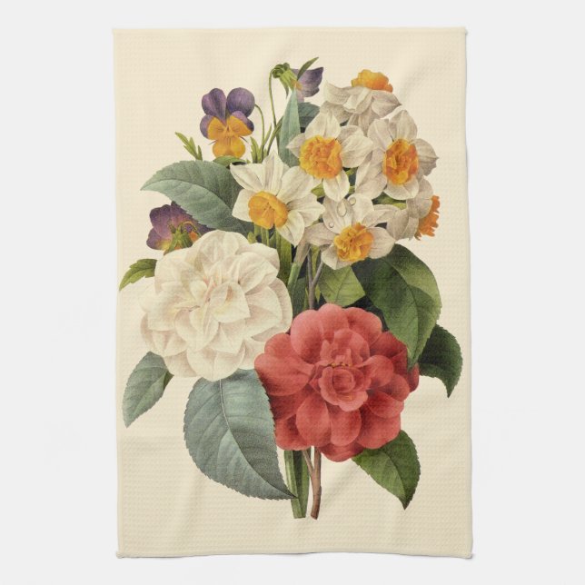 Vintageblommor, kamelior och narcisser, Redoute Kökshandduk (Vertikal)