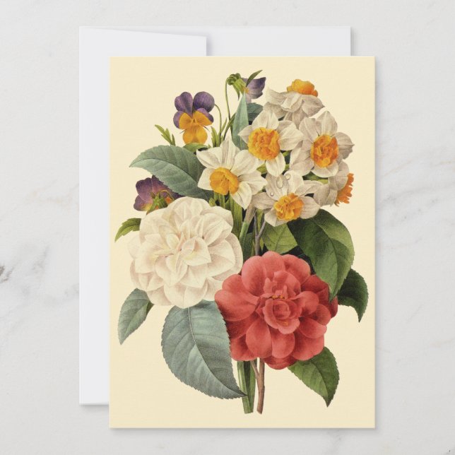 Vintageblommor, kamelior och narcissus, Redoute Inbjudningar (Framsida)