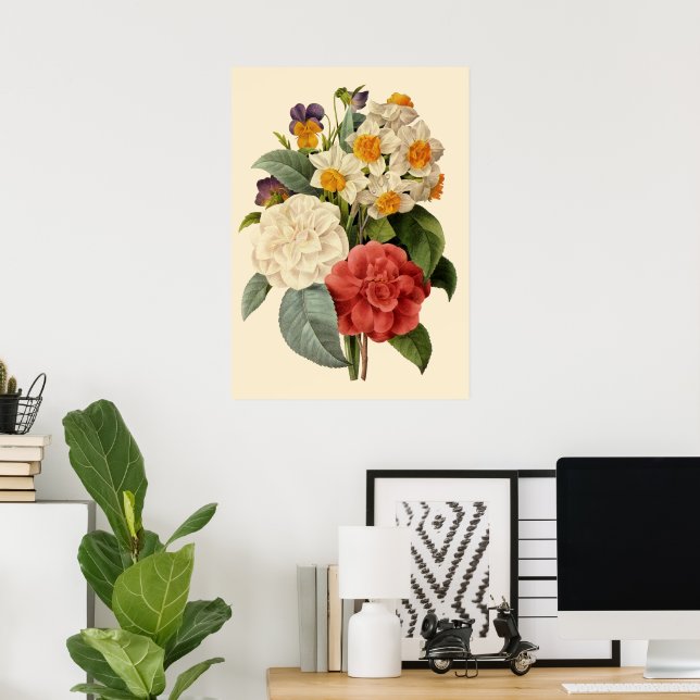Vintageblommor, kamelior och narcissus, Redoute Poster (Hemmakontoret)