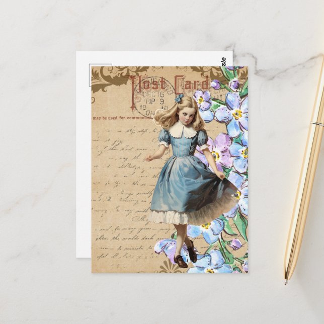 Vintageblommor och Alice Collage Vykort (Fram/Back In Situ)