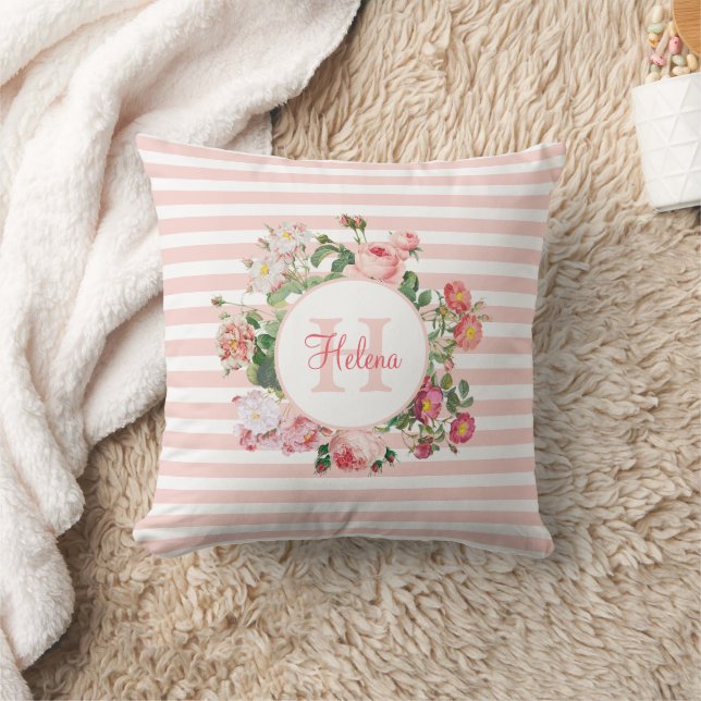 Vintageblommor Rosa Ränder Monogram Kudde (Filt)