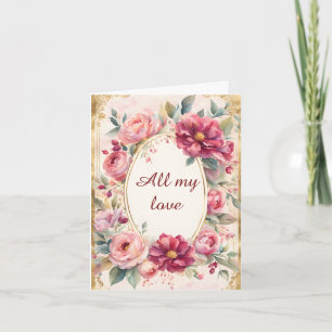 Vintageblommor runt en guldram valentin helgkort
