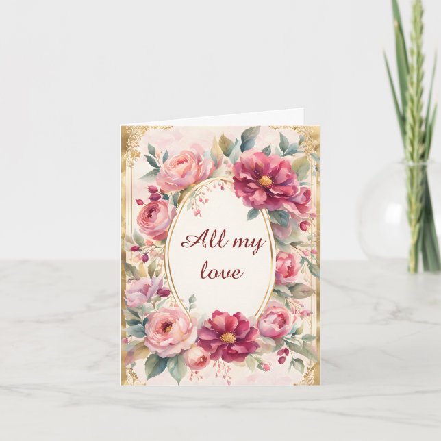 Vintageblommor runt en guldram valentin helgkort (Framsida)