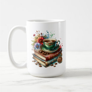 Vintageböcker, blommor och kaffe eller te kaffemugg