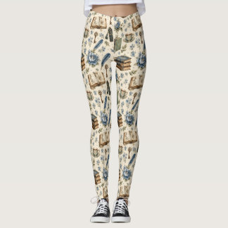 Vintagebokälskare Blommönster | Blå Botanisk Leggings
