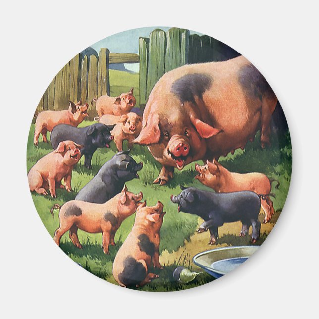 Vintageboskap, gris med gulliga babyPiglets Magnet (Framsidan)