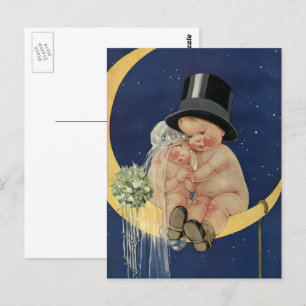 Vintagebröllop, söt brud och brudgum på en måne vykort
