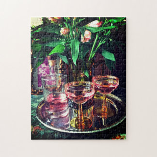 Vintagechampagneexponeringsglas och blom- pussel