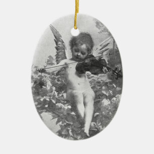 Vintagecherubängel som leker fiolprydnaden julgransprydnad keramik