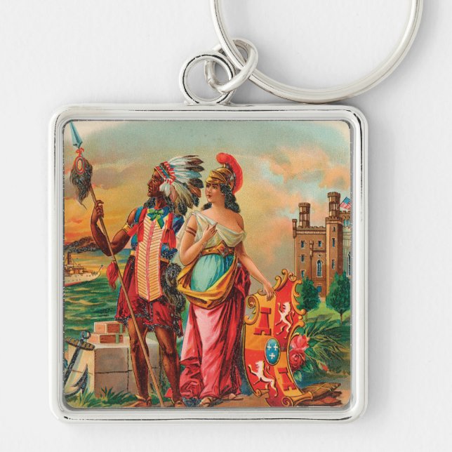 Vintagecigarretikett Keychain Fyrkantig Silverfärgad Nyckelring (Framsidan)