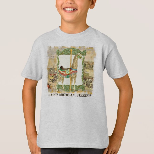 Vintagecirkusaffisch, giraffpojkefödelsedagsfest tee (Framsida)