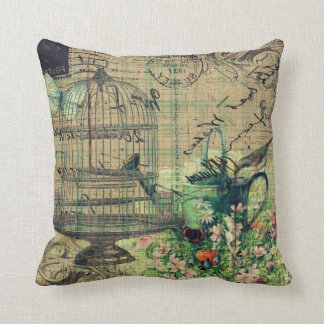 VintageCollage w/Bird & fågelburträdgård Kudde