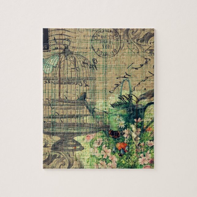 VintageCollage w/Bird & fågelburträdgård Pussel (Vertikal)