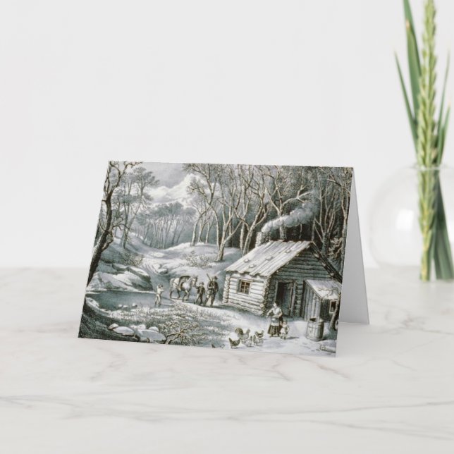 Vintagecurrieren & Ives loggar kabinhelgdagjul Helgkort (Framsida)