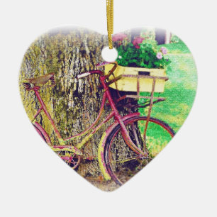 Vintagecykel med blommabasketen julgransprydnad keramik