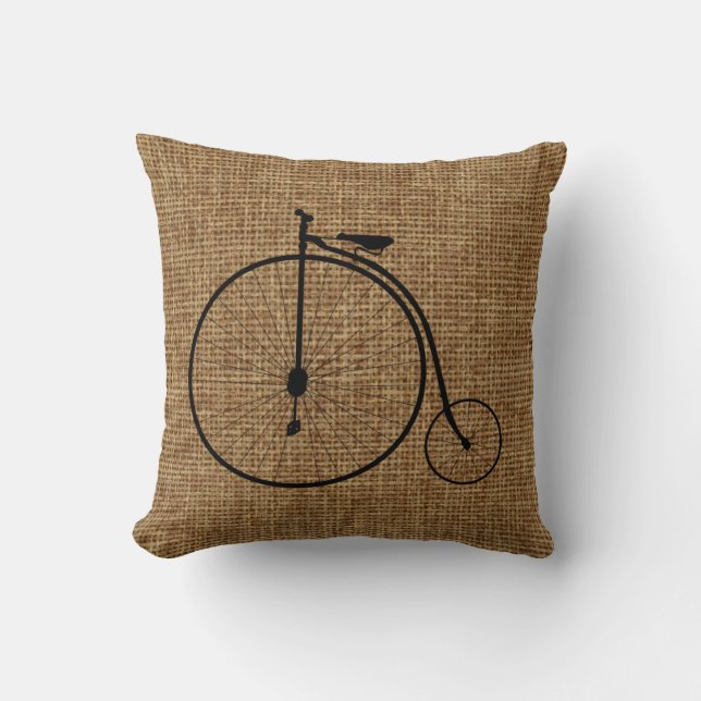 VintageEncentmynt-Farthing cykel på FauxBurlap Kudde (Framsida)