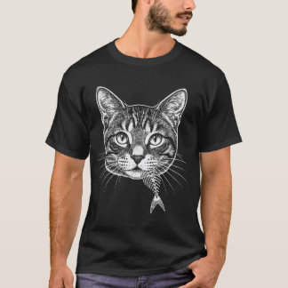 Vintageetsning Katt Huvud med Fisk Ben Skelett T Shirt