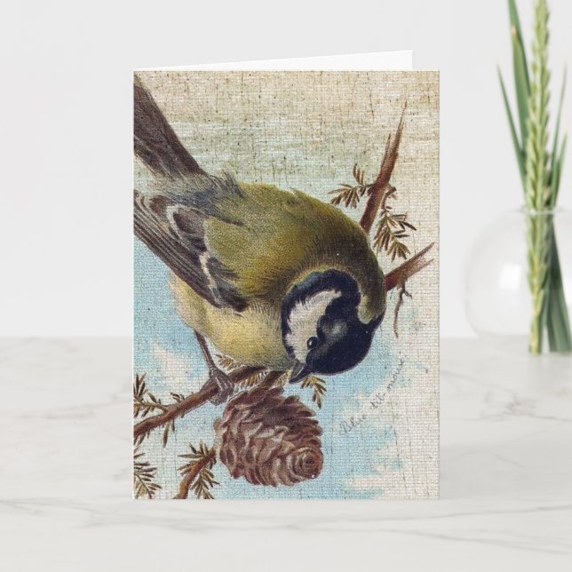 Vintagefågel och Pinecone Helgkort (Framsida)