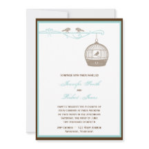 Vintagefågelbur i brun Aquabröllopinbjudan