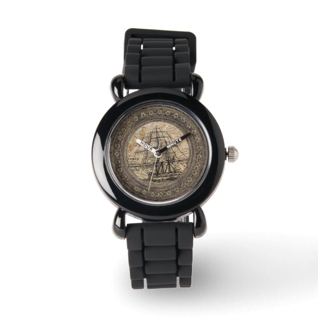 Vintagefartyg och karta armbandsur (Framsida)