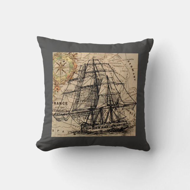 Vintagefartyg och karta kudde (Framsida)