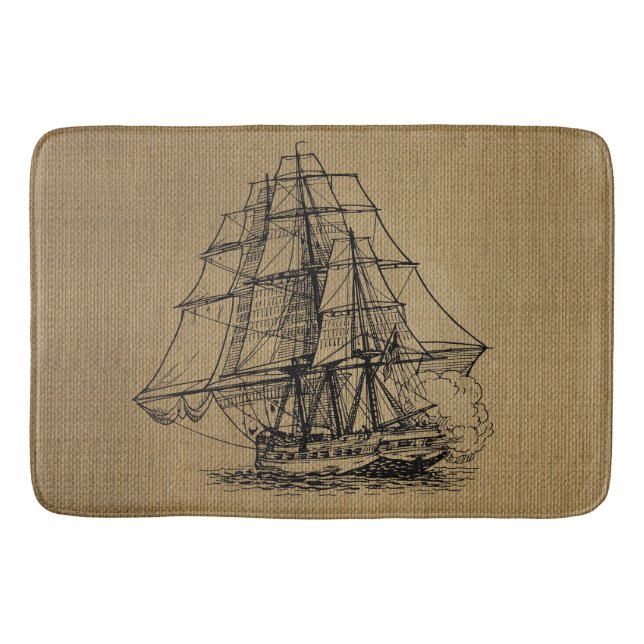 Vintagefartyg på rustik falsk burlap badrumsmatta (Framsidan)