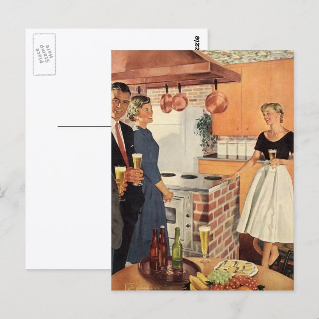 Vintagefest i köket, öl och tilltugg vykort (Fram/baksida)
