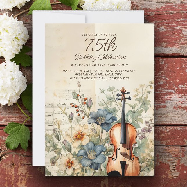 Vintagefiol Damblå blommor 75-årsdag Inbjudningar (Vintage violin 75th birthday party invitation for women)