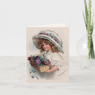 Vintageflicka i hättatackkort tack kort
