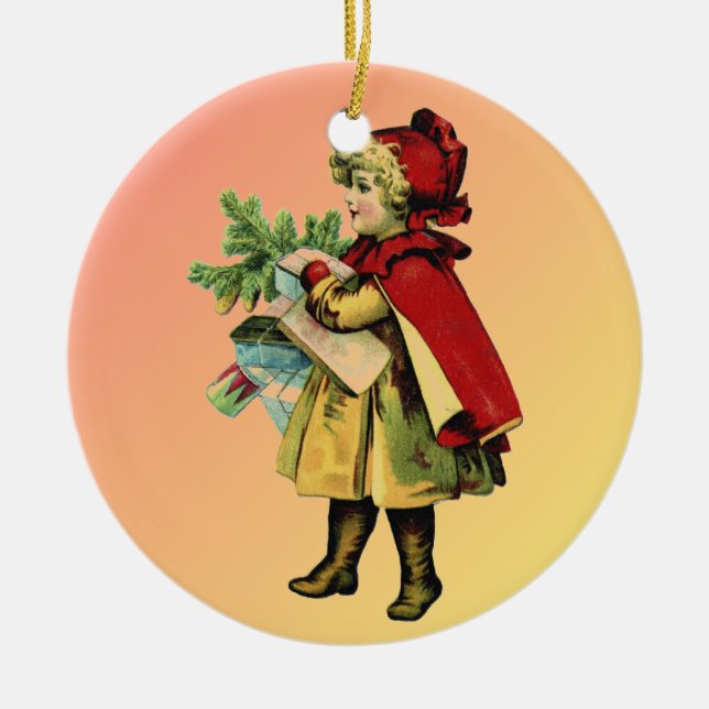 Vintageflicka i udd- och hättajulprydnad julgransprydnad keramik (Framsidan)