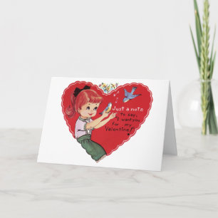 Vintageflicka med fågelvalentinen helgkort