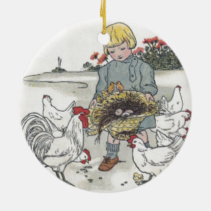 Vintageflicka med hönor, E är ett ägg Julgransprydnad Keramik