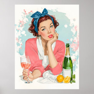 Vintageflicka med rosa champagne poster