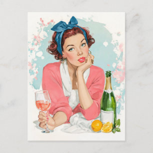 Vintageflicka med rosa champagne vykort
