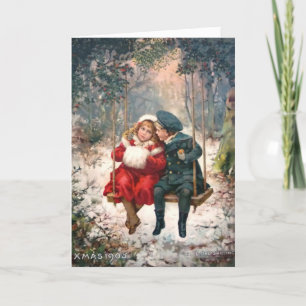 Vintageflicka och pojke på gungajulkort helgkort