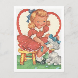 Vintageflicka- och pudelvalentin helg vykort