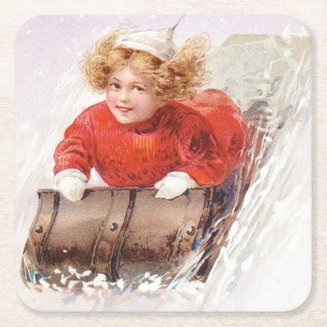 Vintageflicka på kälkejul underlägg papper kvadrat (Framsidan)