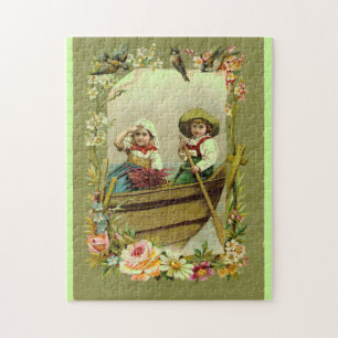 Vintageflicka & pojke i fartygpussel pussel