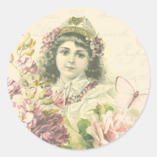 Vintageflickaklistermärke med härliga blommor runt klistermärke