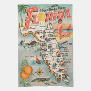 VintageFlorida karta av attraktioner Kökshandduk