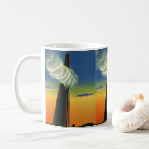 Vintageföretag, ångvisselfabrik soluppgång kaffemugg