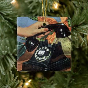 Vintageföretag, Antik telefon med roterande urtavl Julgransprydnad Keramik
