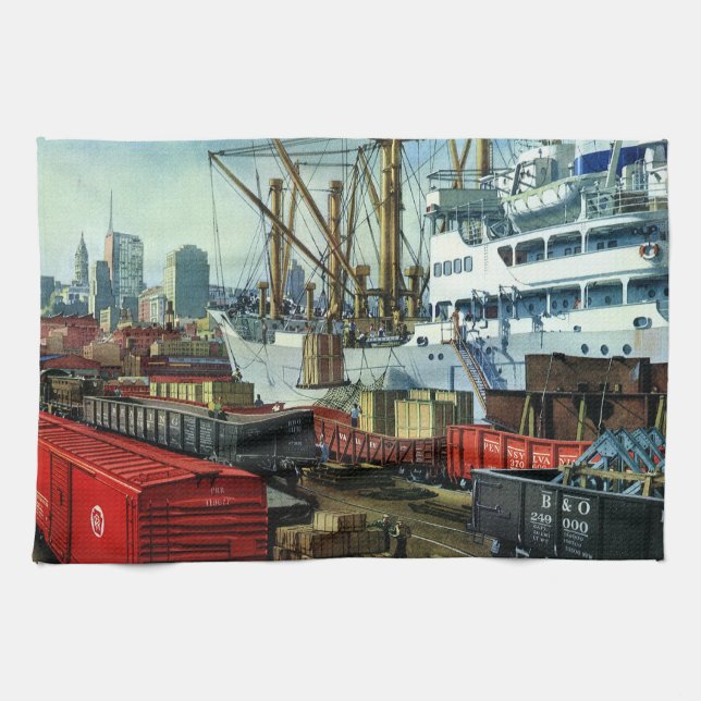 Vintageföretag, hamnat lastfartygstransport kökshandduk (Horisontell)