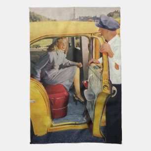 Vintageföretag, taxichaufför kvinna passagerare kökshandduk