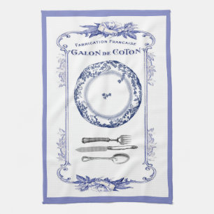 vintagefransk pläterar & bestickkökshanddukblåt kökshandduk