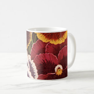 Vintagefröpaketseriketiketter, trädgårdsviolblommo kaffemugg
