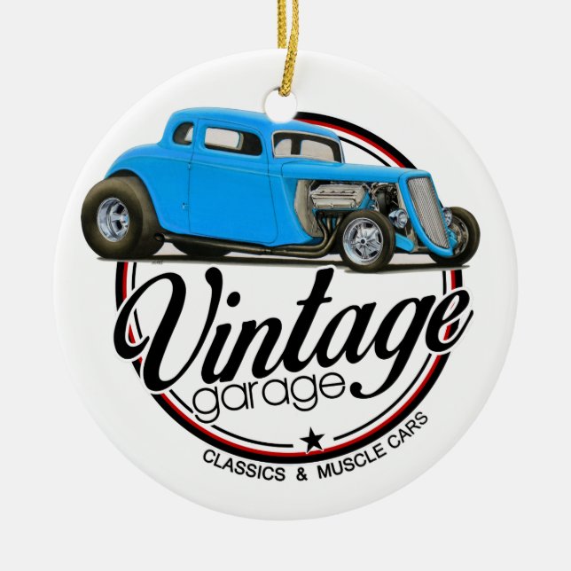 Vintagegaragehot rod julgransprydnad keramik (Framsidan)